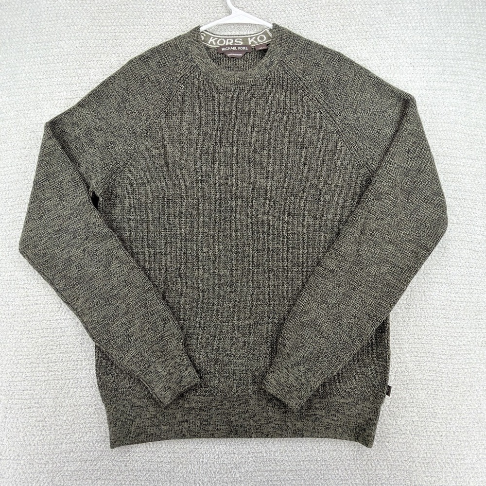 Michael Kors Sweater Men's Medium Washable Merino Wool Olive Marl Logo Crewneck